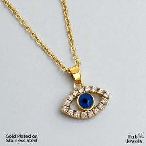 Yellow Gold Plated on Stainless Steel Evil Eye Good Luck Pendant with Inlaid Cubic Zirconias Necklace Included
