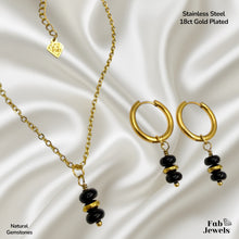 Load image into Gallery viewer, Stainless Steel 18ct Gold Plated Set Necklace Pendant and Matching Earrings with Natural Gemstones Turquoise Amethyst Onyx