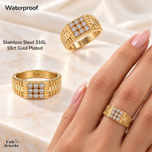 Load image into Gallery viewer, 18ct Gold Plated Stainless Steel 316L Waterproof Luxury Ring with Inlaid Cubic Zirconias