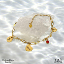 Load image into Gallery viewer, Stainless Steel Yellow Gold Plated My Love Heart Personalised Initial Charm Bracelet