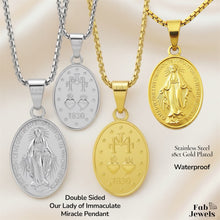 Load image into Gallery viewer, Double Sided Lady of Immaculate Conception Miracle Love Peace Pendant Necklace Gold Plated on Stainless Steel