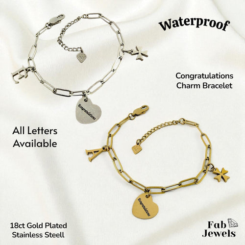 Stainless Steel Gold Plated Personalised Congratulations  Initial Maltese Cross  Charm Bracelet