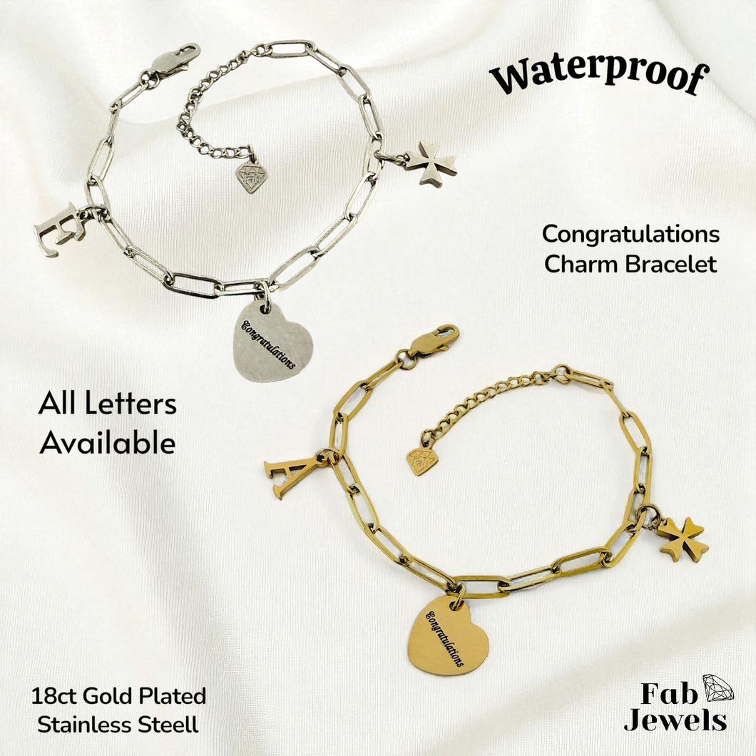 Stainless Steel Gold Plated Personalised Congratulations  Initial Maltese Cross  Charm Bracelet
