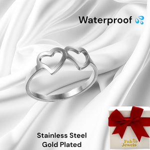 Yellow Gold PlatedStainless Steel Silver Double Heart Ring Waterproof