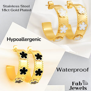 18 Gold Plated Stainless Steel Hoop Earrings with White Black Clover Flower