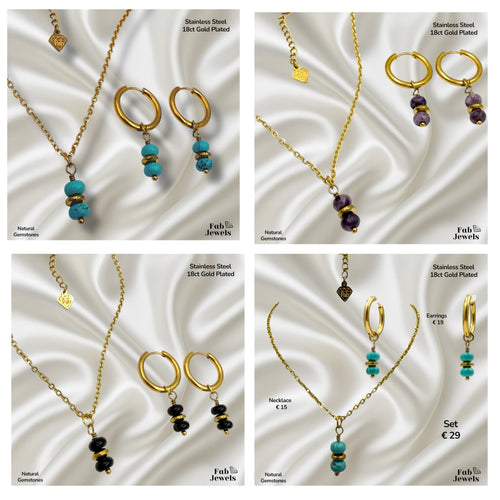 Stainless Steel 18ct Gold Plated Set Necklace Pendant and Matching Earrings with Natural Gemstones Turquoise Amethyst Onyx