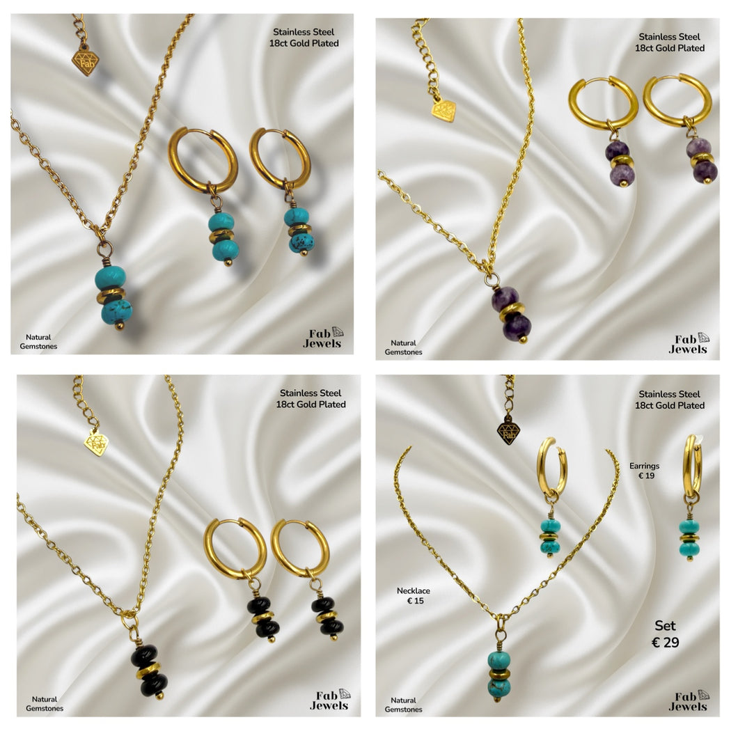 Stainless Steel 18ct Gold Plated Set Necklace Pendant and Matching Earrings with Natural Gemstones Turquoise Amethyst Onyx