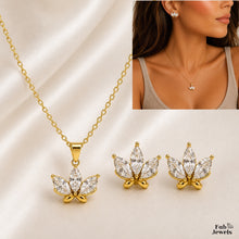 Load image into Gallery viewer, 18ct Gold Plated Stainless Steel 316L Lotus Glow Set Hypoallergenic Earrings Matching Pendant and Necklace