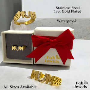18ct Gold Plated Stainless Steel Waterproof Mum Ring with Inlaid Cubic Zirconias