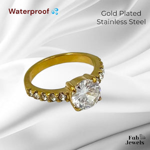 18ct Gold Plated on Stainless Steel Waterproof Solitaire Ring with Cubic Zirconia