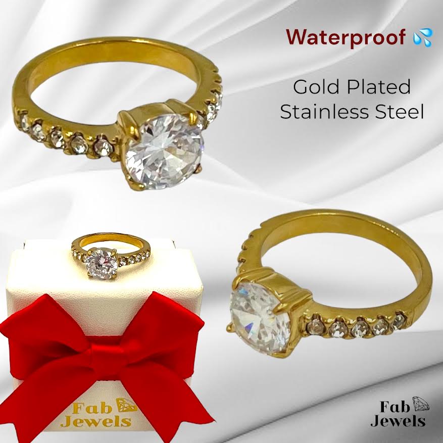 18ct Gold Plated on Stainless Steel Waterproof Solitaire Ring with Cubic Zirconia