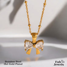Load image into Gallery viewer, 18ct Gold Plated Stainless Steel Bow Pendant and Necklace with Cubic Zirconia