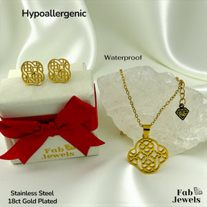 Stainless Steel Yellow Gold Plated Lace Effect Clover Set Necklace with Pendant and Matching Earrings
