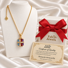 Load image into Gallery viewer, Highest Quality Gold Plated on Stainless Steel Multi Coloured Pendant Inlaid Baguette Cut Cubic Zirconia Northern Lights Collection Necklace Included