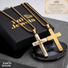 Load image into Gallery viewer, 18ct Gold Plated Carbon Fiber Men’s Cross Pendant with Inlaid Cubic Zirconia Stainless Steel 316L Necklace
