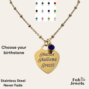 Engraved Stainless Steel 'Ghaziza Ghalliema Grazzi’ Heart Pendant with Personalised Birthstone Inc. Necklace