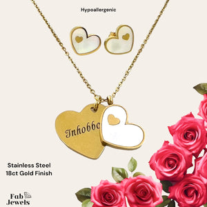 Stainless Steel Yellow Gold Plated Double Heart Inhobbok Set Necklace and Stud Earrings with Sparkling Crystals