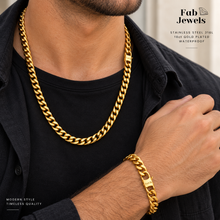 Load image into Gallery viewer, Fab Signiture Cuban Link 7 mm Set Necklace Matching Bracelet 18ct Gold Plated Stainless Steel 316L Waterproof