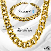 Load image into Gallery viewer, 18ct Gold Plated Stainless Steel 11mm Curb Chain Set Necklace and Matching Bracelet