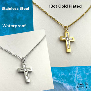 18ct Gold Plated Waterproof Cross Pendant with Cubic Zirconia Stainless Steel Necklace