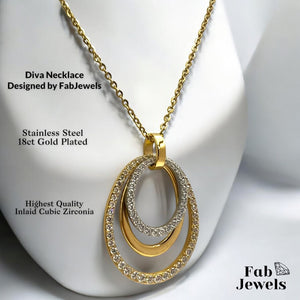 18ct Gold Plated Stainless Steel Necklace with Beautiful Diva Pendant with Inlaid Cubic Zirconia