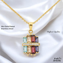 Load image into Gallery viewer, Highest Quality Gold Plated on Stainless Steel Multi Coloured Set Ring Necklace Pendant Inlaid Baguette Cut Cubic Zirconia Northern Lights Collection