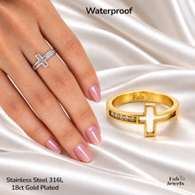 Load image into Gallery viewer, 18ct Gold Plated Stainless Steel WaterProof Cross Ring with Inlaid Cubic Zirconia