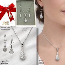 Load image into Gallery viewer, Stainless Steel 316L Silver Sparkle Teardrop Set Necklace Pendant and Matching Earrings with Inlaid Cubic Zirconia