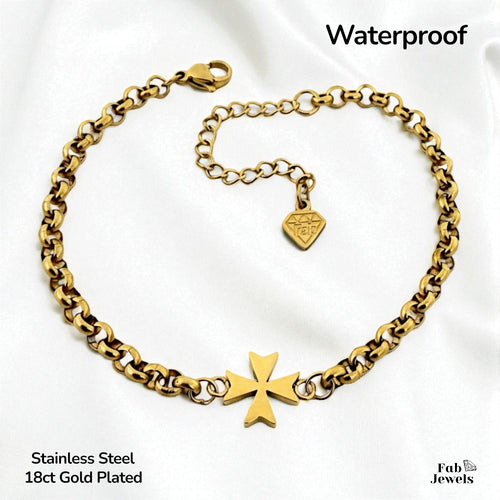 Stainless Steel 316L Waterproof 18ct Gold Plated Maltese Cross Bracelet Chain