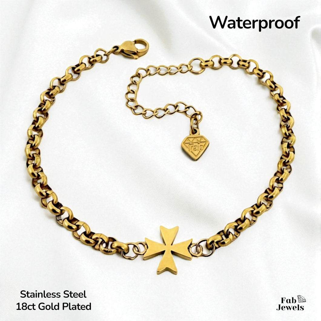 Stainless Steel 316L Waterproof 18ct Gold Plated Maltese Cross Bracelet Chain