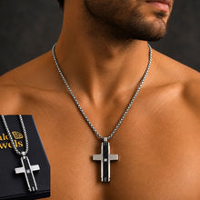 Load image into Gallery viewer, Carbon Fiber Fusion Men’s Cross Pendant with Inlaid Cubic Zirconia Stainless Steel 316L 18ct Gold Plated Necklace  Included
