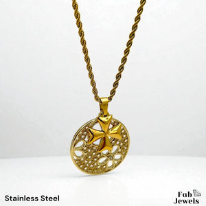 18ct Gold Plated on Stainless Steel Maltese Cross Flower Double Pendant Inc. Rope Chain