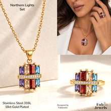 Load image into Gallery viewer, Highest Quality 18ct Gold Plated Stainless Steel 316L Multi Coloured Set Ring Earrings Necklace Pendant Inlaid Baguette Cut Cubic Zirconia Northern Lights Collection