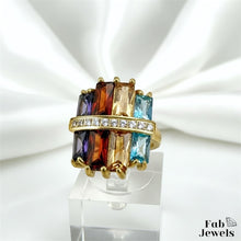 Load image into Gallery viewer, Highest Quality Gold Plated on Stainless Steel Multi Coloured Ring Inlaid Baguette Cut Cubic Zirconia Northern Lights Collection