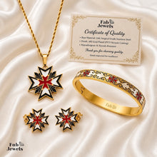 Load image into Gallery viewer, 18ct Gold Plated on Stainless Steel 316L Knights of Malta Set Pendant Hypoallergenic Stud Earrings Rope Chain and Bangle