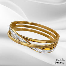 Load image into Gallery viewer, Stainless Steel 18ct Yellow Gold Plated Criss Cross Bangle with Sparkling Cubic Zirconia