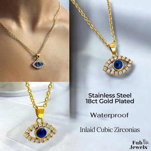 Yellow Gold Plated on Stainless Steel Evil Eye Good Luck Pendant with Inlaid Cubic Zirconias Necklace Included