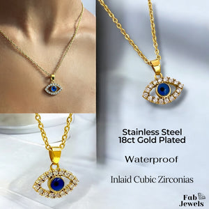 Yellow Gold Plated on Stainless Steel Evil Eye Good Luck Pendant with Inlaid Cubic Zirconias Necklace Included