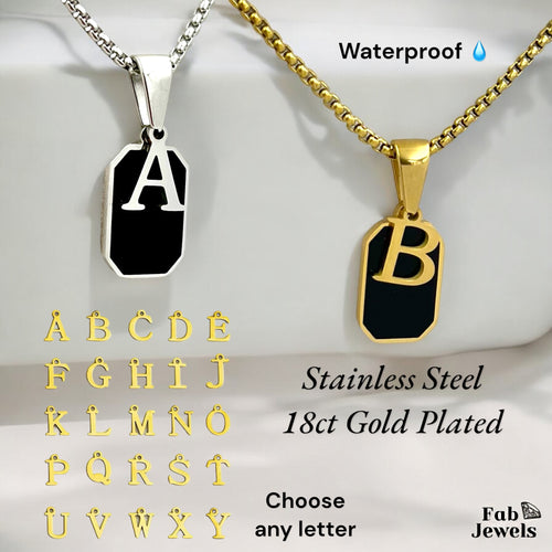 Stainless Steel Gold Plated Necklace Black Onyx Pendant with Initial