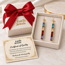 Load image into Gallery viewer, Highest Quality Gold Plated on Stainless Steel 316L Hypoallergenic Earrings Multi Coloured Inlaid Baguette Cut Cubic Zirconia Northern Lights Collection