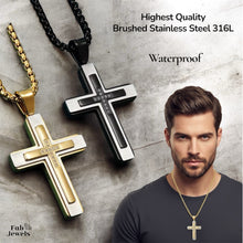 Load image into Gallery viewer, 18ct Gold Plated Men’s Cross Pendant with Inlaid Cubic Zirconia Stainless Steel Necklace