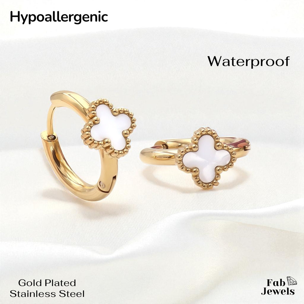 Gold Plated Stainless Steel Hypoallergenic Hoop Loop Earrings with Clover Flower
