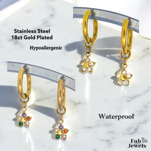 Gold Plated Stainless Steel Hypoallergenic Hoop Earrings with Flower Charms