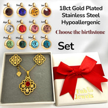 Load image into Gallery viewer, Stainless Steel Yellow Gold Plated Set Necklace with Pendant + Personalised Birthstone and Matching Earrings