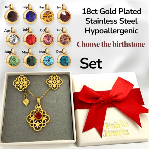 Stainless Steel Yellow Gold Plated Set Necklace with Pendant + Personalised Birthstone and Matching Earrings