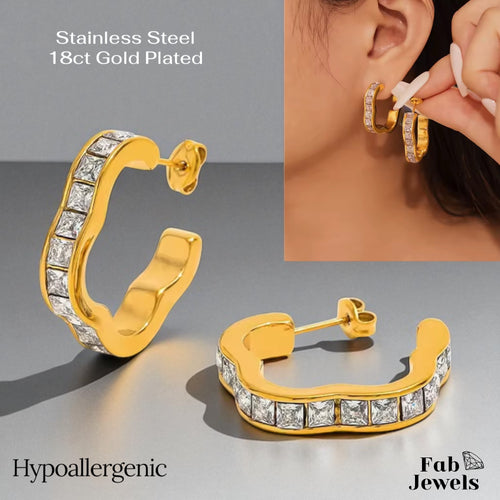 Stainless Steel Hypoallergenic Clover Hoop Earrings with Cubic Zirconia