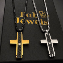 Load image into Gallery viewer, Carbon Fiber Fusion Men’s Cross Pendant with Inlaid Cubic Zirconia Stainless Steel 316L 18ct Gold Plated Necklace  Included