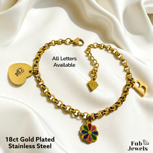 Stainless Steel Gold Plated Personalised Zija Initial Beautiful Flower Charm Bracelet