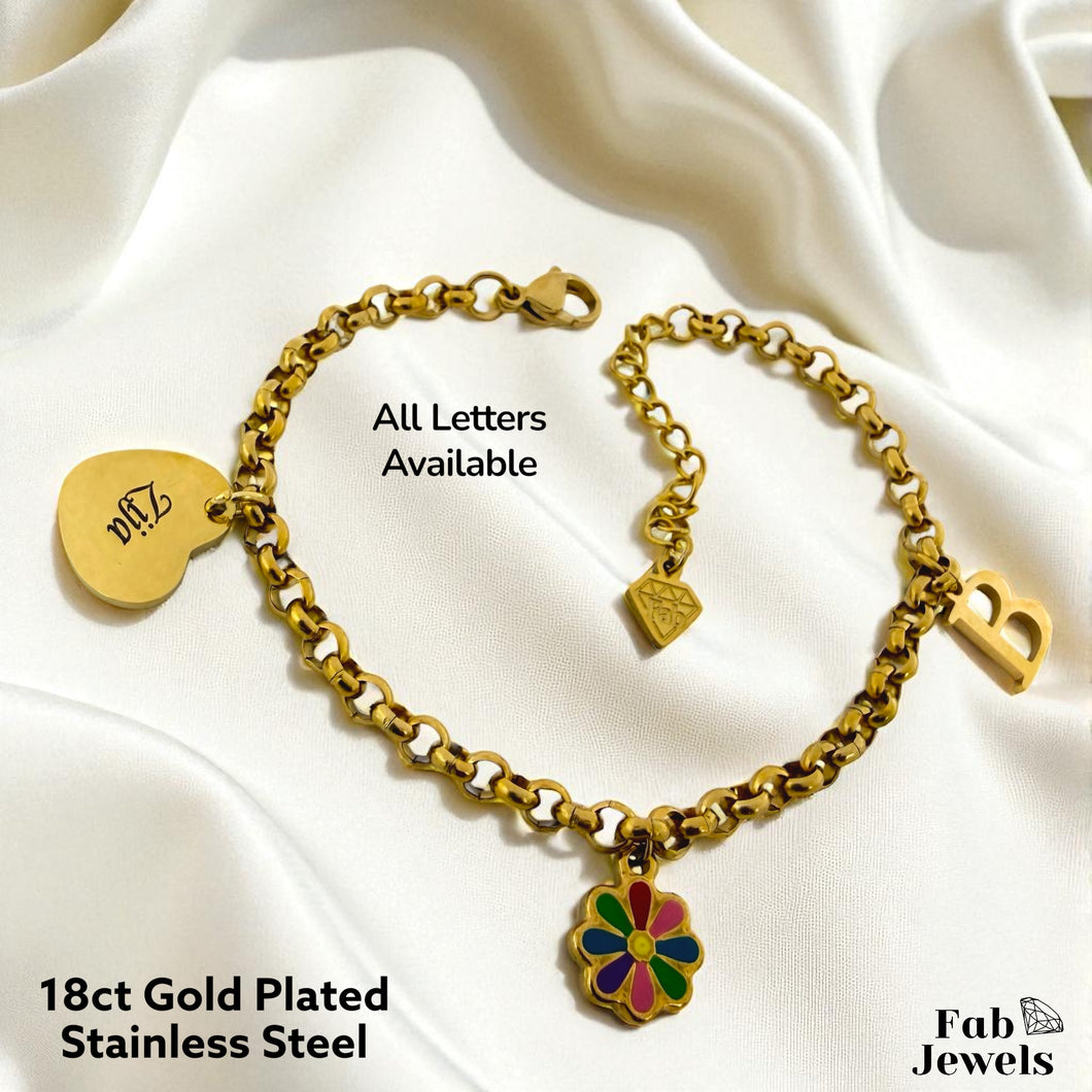Stainless Steel Gold Plated Personalised Zija Initial Beautiful Flower Charm Bracelet