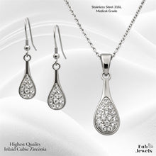Load image into Gallery viewer, Stainless Steel 316L Silver Sparkle Teardrop Set Necklace Pendant and Matching Earrings with Inlaid Cubic Zirconia